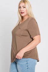 Mocha V-Neck Front Pocket Short Sleeve Plus Top