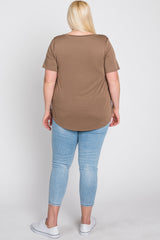 Mocha V-Neck Front Pocket Short Sleeve Plus Top