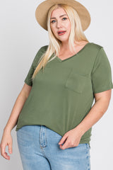 Light Olive V-Neck Front Pocket Short Sleeve Plus Top