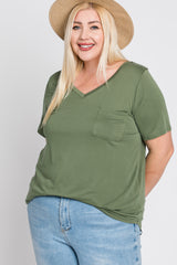 Light Olive V-Neck Front Pocket Short Sleeve Plus Top