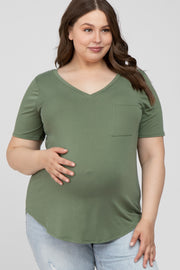 Light Olive V-Neck Front Pocket Short Sleeve Maternity Plus Top