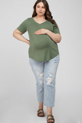 Light Olive V-Neck Front Pocket Short Sleeve Maternity Plus Top