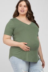 Light Olive V-Neck Front Pocket Short Sleeve Maternity Plus Top