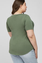 Light Olive V-Neck Front Pocket Short Sleeve Maternity Plus Top