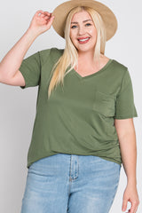 Light Olive V-Neck Front Pocket Short Sleeve Maternity Plus Top