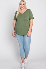 Light Olive V-Neck Front Pocket Short Sleeve Plus Top