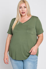 Light Olive V-Neck Front Pocket Short Sleeve Plus Top