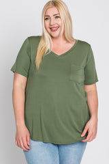 Light Olive V-Neck Front Pocket Short Sleeve Plus Top