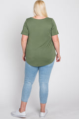 Light Olive V-Neck Front Pocket Short Sleeve Plus Top