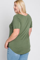 Light Olive V-Neck Front Pocket Short Sleeve Plus Top