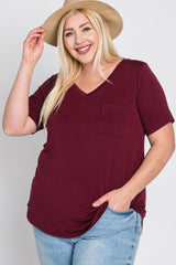 Burgundy V-Neck Front Pocket Short Sleeve Plus Top