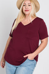 Burgundy V-Neck Front Pocket Short Sleeve Plus Top