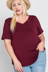 Burgundy V-Neck Front Pocket Short Sleeve Plus Top