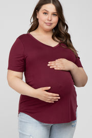 Burgundy V-Neck Front Pocket Short Sleeve Maternity Plus Top