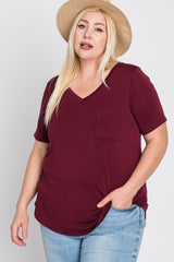 Burgundy V-Neck Front Pocket Short Sleeve Plus Top