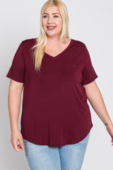 Burgundy V-Neck Front Pocket Short Sleeve Plus Top