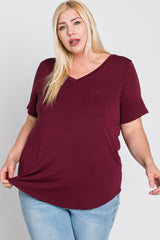 Burgundy V-Neck Front Pocket Short Sleeve Plus Top