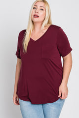 Burgundy V-Neck Front Pocket Short Sleeve Plus Top