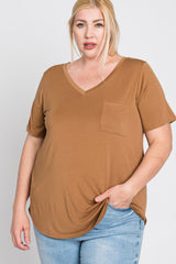 Camel V-Neck Front Pocket Short Sleeve Plus Top