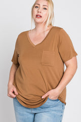 Camel V-Neck Front Pocket Short Sleeve Plus Top