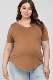 Camel V-Neck Front Pocket Short Sleeve Maternity Plus Top