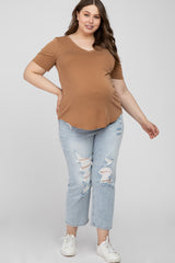 Camel V-Neck Front Pocket Short Sleeve Maternity Plus Top