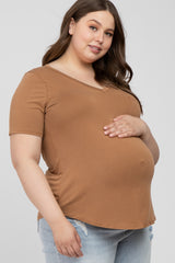 Camel V-Neck Front Pocket Short Sleeve Maternity Plus Top