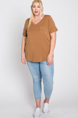 Camel V-Neck Front Pocket Short Sleeve Plus Top