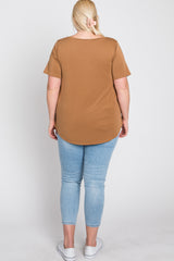 Camel V-Neck Front Pocket Short Sleeve Plus Top