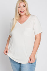 Ivory V-Neck Front Pocket Short Sleeve Maternity Plus Top