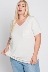 Ivory V-Neck Front Pocket Short Sleeve Plus Top