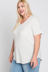 Ivory V-Neck Front Pocket Short Sleeve Plus Top