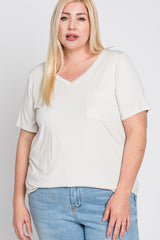 Ivory V-Neck Front Pocket Short Sleeve Plus Top