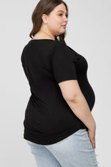 Black V-Neck Front Pocket Short Sleeve Maternity Plus Top