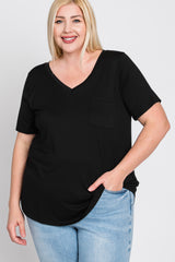 Black V-Neck Front Pocket Short Sleeve Plus Top