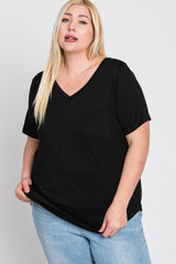 Black V-Neck Front Pocket Short Sleeve Plus Top