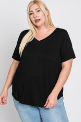 Black V-Neck Front Pocket Short Sleeve Plus Top