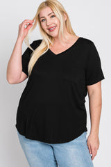 Black V-Neck Front Pocket Short Sleeve Plus Top