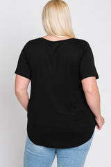 Black V-Neck Front Pocket Short Sleeve Plus Top