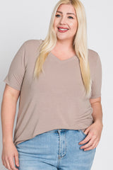 Taupe V-Neck Front Pocket Short Sleeve Plus Top