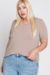 Taupe V-Neck Front Pocket Short Sleeve Plus Top