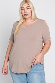 Taupe V-Neck Front Pocket Short Sleeve Plus Top