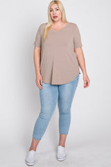 Taupe V-Neck Front Pocket Short Sleeve Plus Top