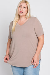 Taupe V-Neck Front Pocket Short Sleeve Plus Top