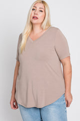 Taupe V-Neck Front Pocket Short Sleeve Plus Top