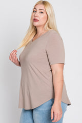 Taupe V-Neck Front Pocket Short Sleeve Plus Top