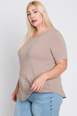 Taupe V-Neck Front Pocket Short Sleeve Plus Top