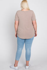 Taupe V-Neck Front Pocket Short Sleeve Plus Top