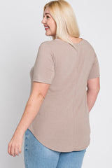 Taupe V-Neck Front Pocket Short Sleeve Plus Top