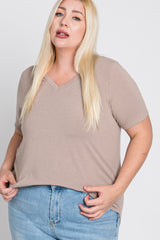 Taupe V-Neck Front Pocket Short Sleeve Plus Top